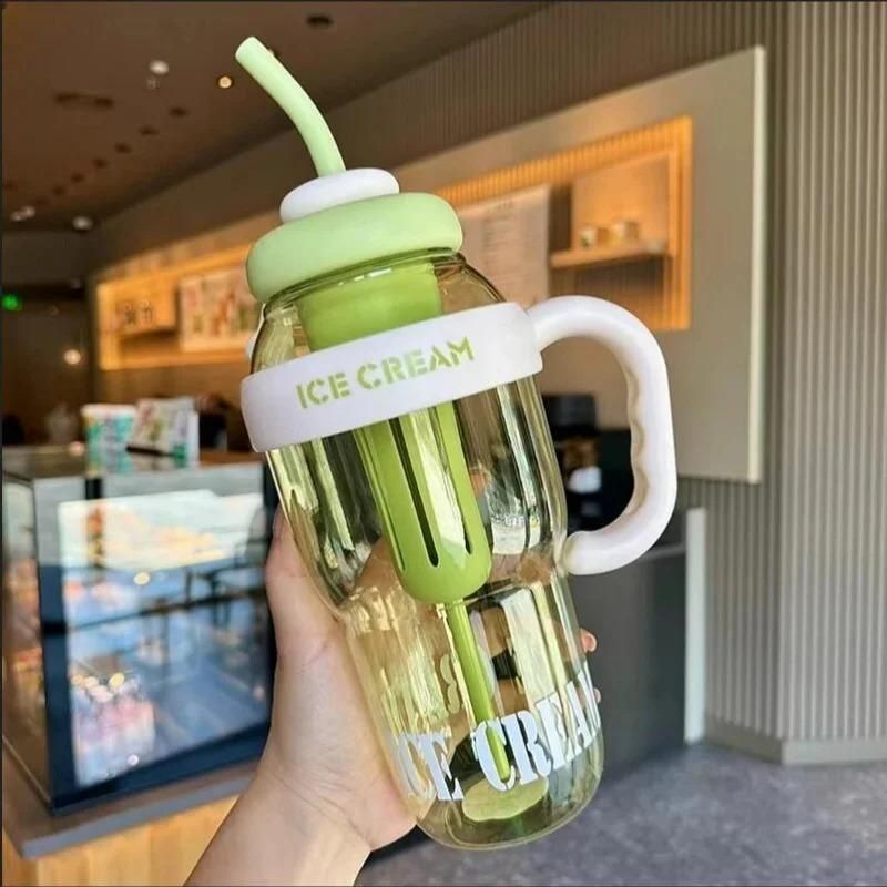 Large Water Bottle with Handle & Straw