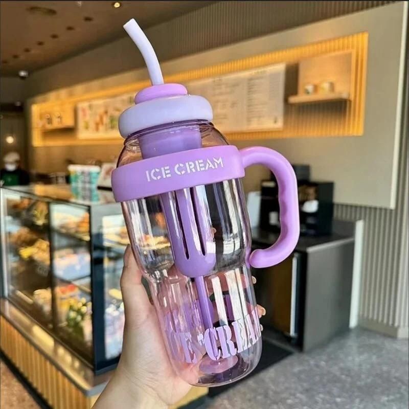 Large Water Bottle with Handle & Straw